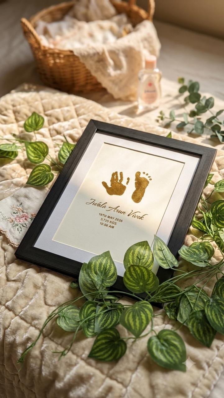 Gold foil baby handprint and footprint keepsake in black frame, personalised with name, date and weight, Memories by Aditi