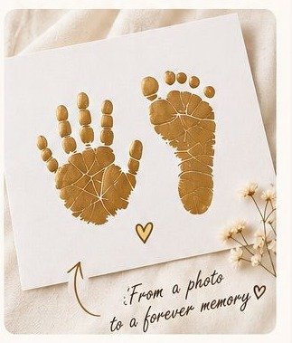 Finished gold foil hand and footprint keepsake, created from the photo