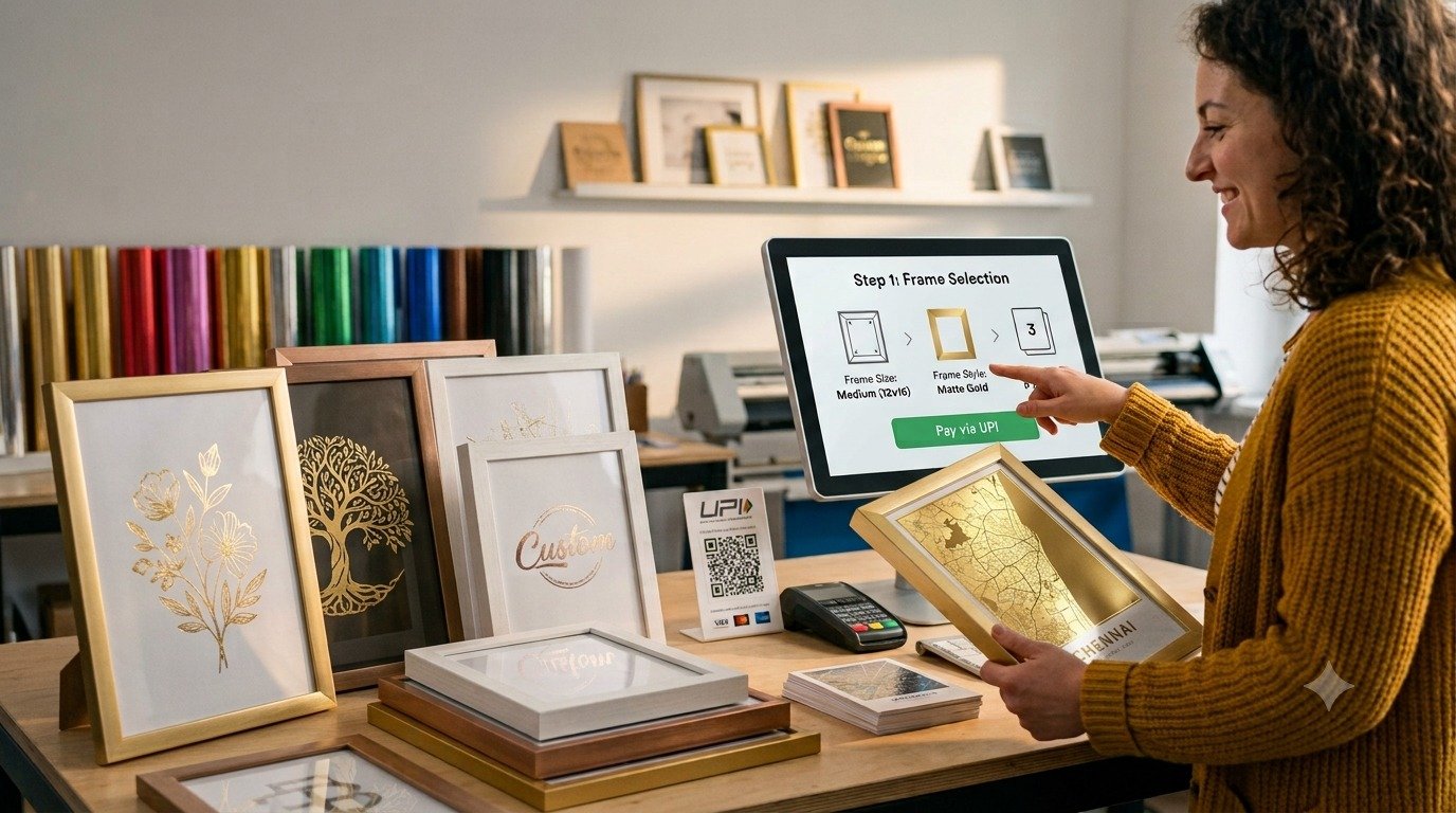 Choosing frame size, style and prints on the Memories by Aditi ordering screen